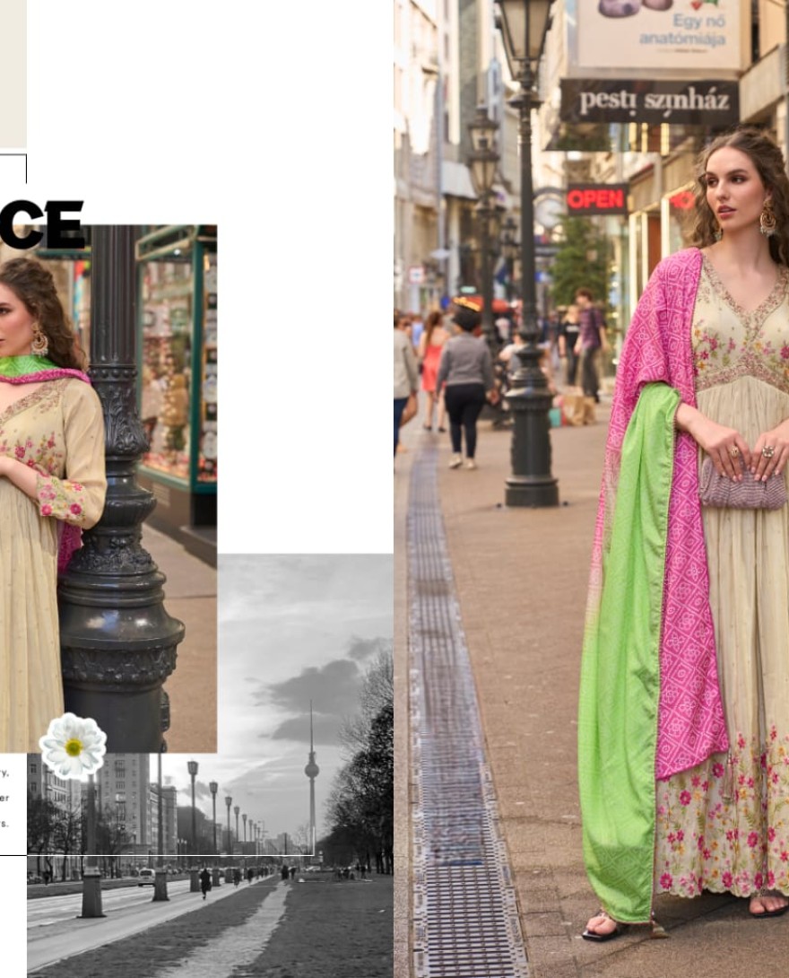 PINK - Designer Beige Pink Floral Embroidered Indo Western Simar Silk Anarkali Gown